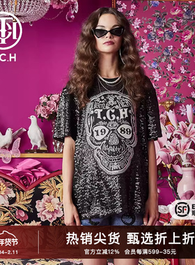 TCH潮牌轻奢短袖T恤烫钻手工刺绣大翅膀男女黑色T66A106106
