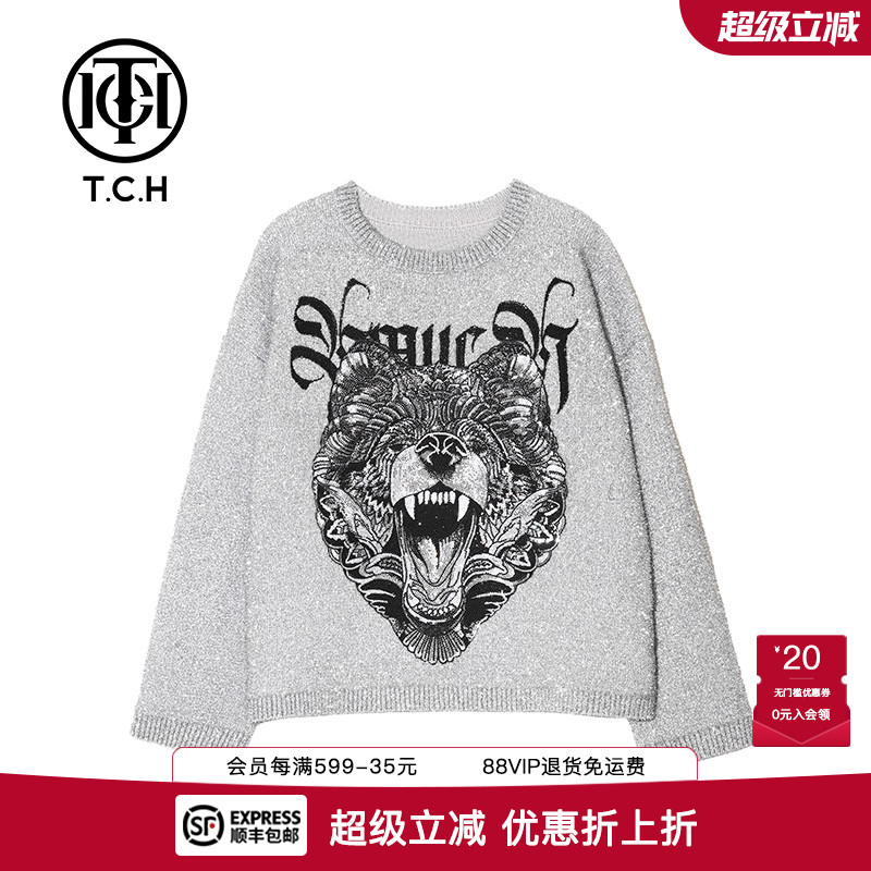 烫钻熊头亮丝圆领衫设计感