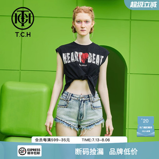 TCH潮牌T恤燙鉆愛心字母秋夏新款 女生黑色背心T69B106046