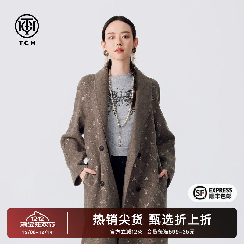 TCH烫钻LOGO简约气质毛呢大衣2025冬季新款山羊绒长款T72D286013