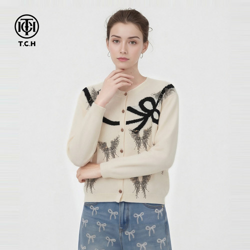 TCH【绵羊毛】秋款百搭时尚烫钻米色女装长袖针织开衫T78A43E1075