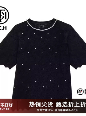 TCH潮牌2024新中式烫钻新中式黑色蕾丝珍珠T恤T72B10E9082