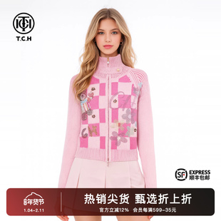 TCH时尚烫钻粉色设计感休闲柔软舒适针织开衫秋冬新款T75D43E1059