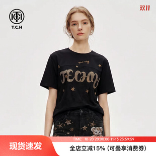 TCH潮牌烫钻字母短袖T恤女夏季宽松圆领重工百搭上衣T78A10B9071