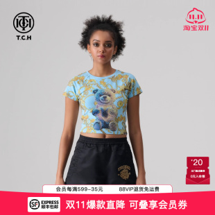 圆领T恤上衣男女同款 烫钻短款 T72B106068 新款 TCH潮牌2025夏季