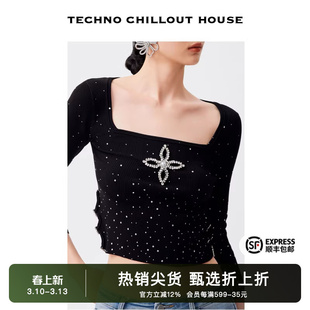 TCH2026春秋新款短款修身针织衫满钻方领显瘦针织上衣T72C098053