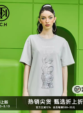 TCH潮牌短袖T恤烫钻太空兔夏季情侣款灰色圆领上衣T69B106066