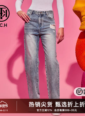 TCH破洞设计潮流直筒水洗做旧牛仔裤2025秋季新款时尚T69C208009