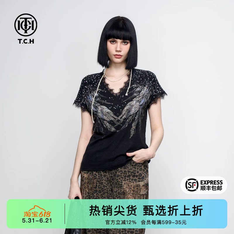 TCH烫钻羽毛蕾丝拼接短袖T恤夏季新款小飞袖V领显瘦上衣女
