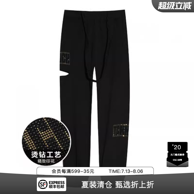 TCH潮牌字母烫金钻黑色休闲裤秋新款破洞束脚裤子男女T21120C6045