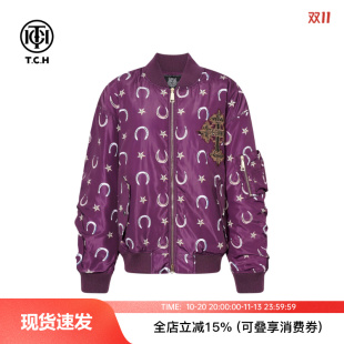 TCH潮牌紫色星星烫钻棒球服外套女复古十字架刺绣宽松飞行员夹克
