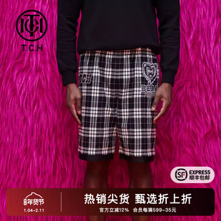 TCH潮牌大C短裤咆哮熊烫钻黑白格子休闲男女款T69B216017