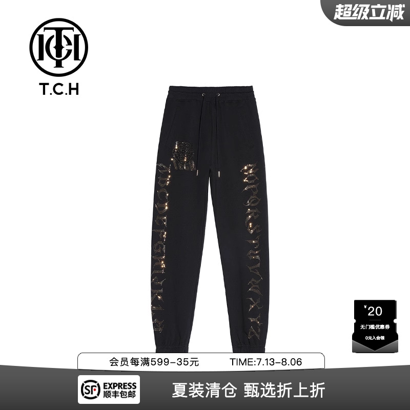 TCH潮牌虎头字母烫钻黑色卫裤男女同款2025春季新款T21120C6028