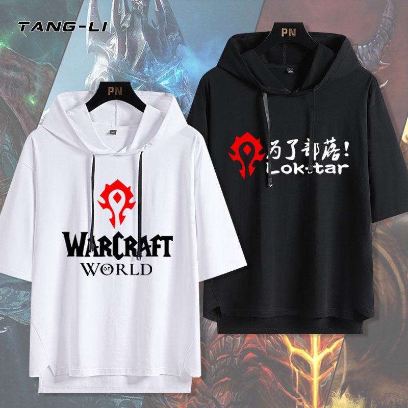 魔兽世界兽族兽人标志周边连帽短袖t恤男装夏季五分袖潮牌上衣服