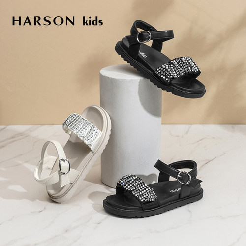 Harsonkids宽一字带闪钻凉鞋
