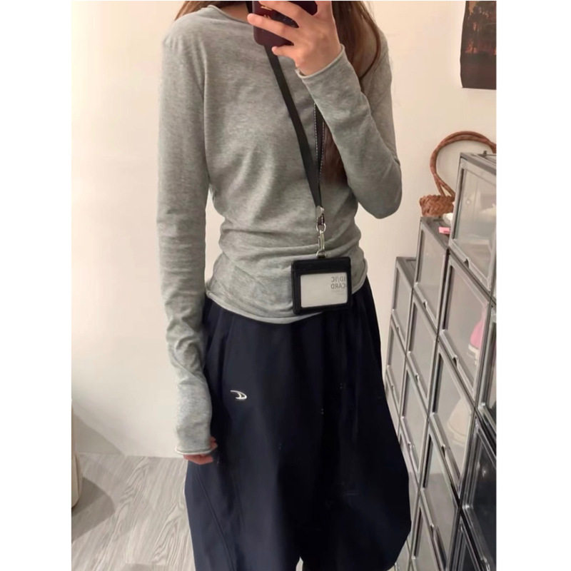 灰色卷边长袖T恤女2026早
