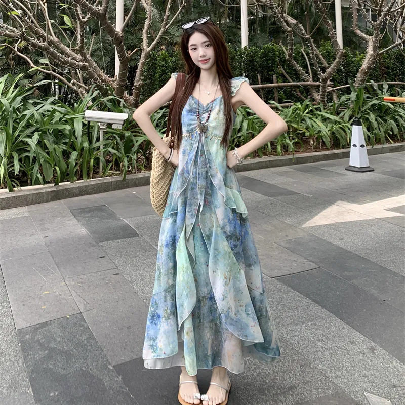 荷叶边油画印花气质吊带