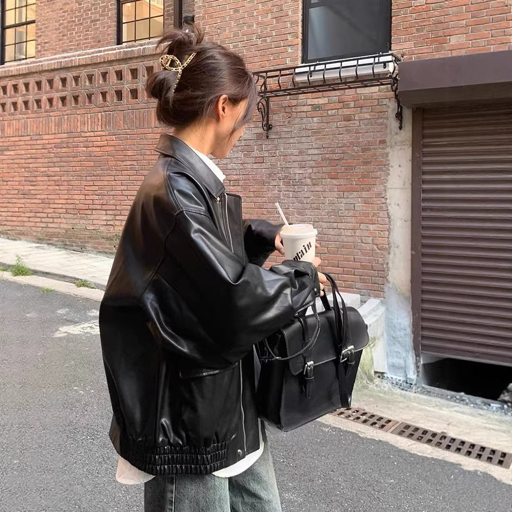 复古棕色皮衣女短款2026