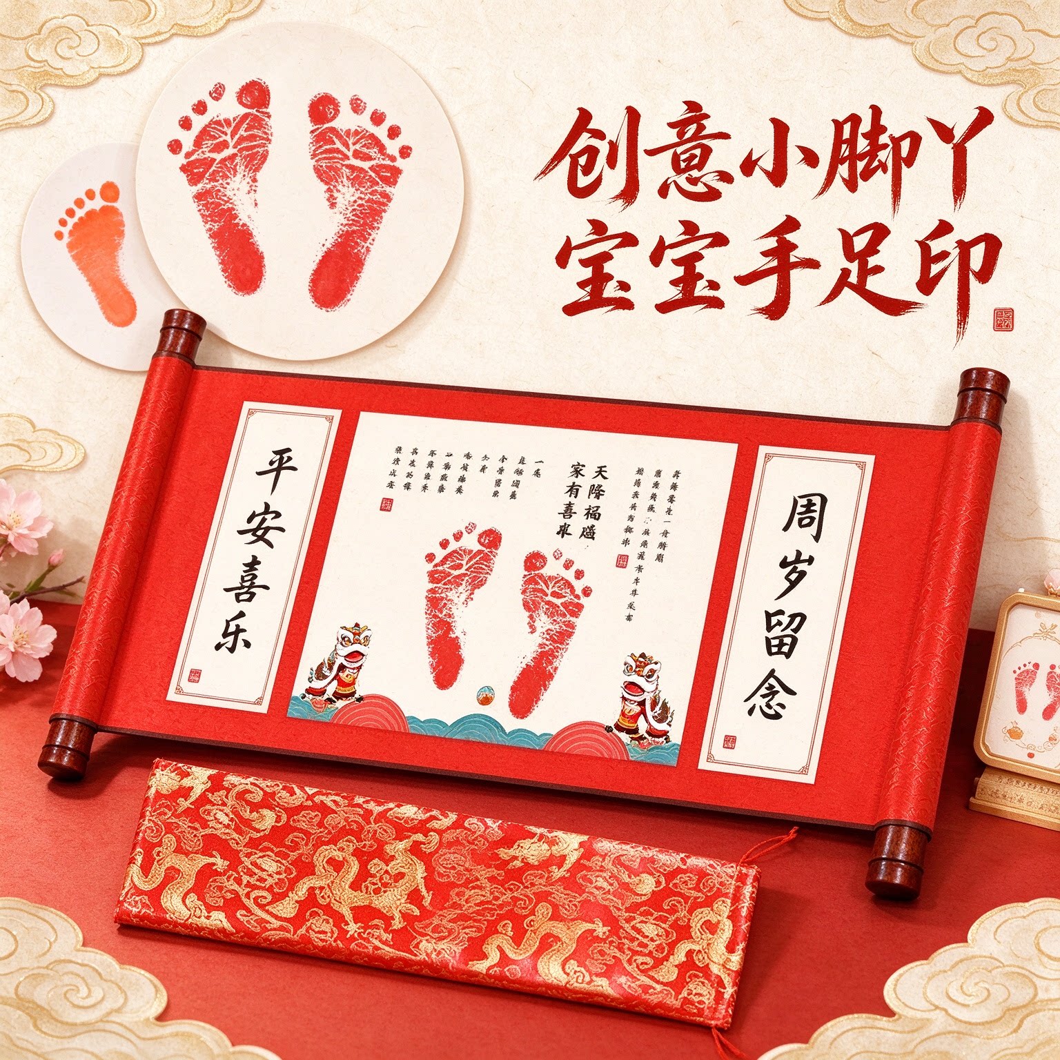 创意小脚丫宝宝手足印小宝贝新生儿纪念字画知足常乐喜笑颜开福寿
