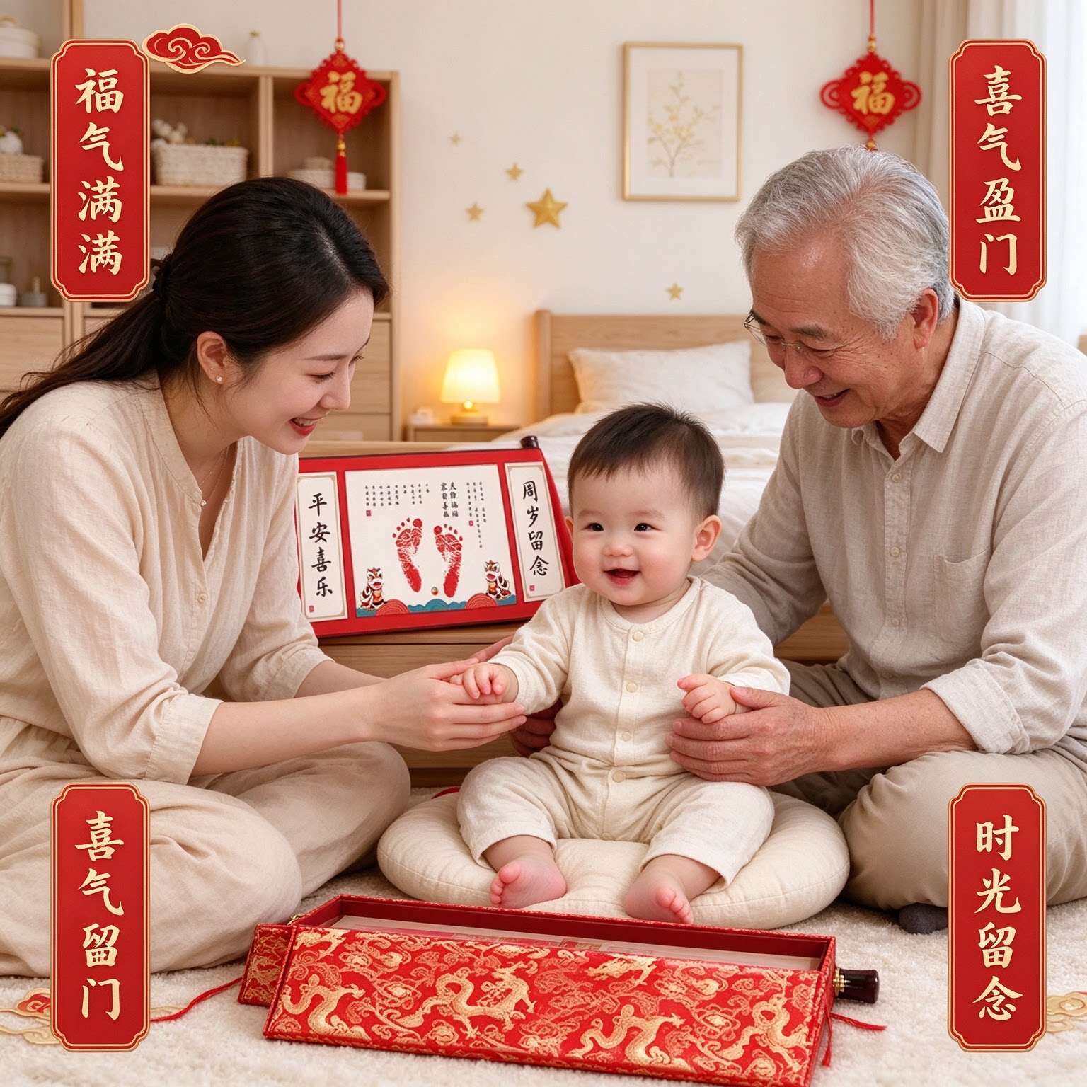 男宝周岁礼物婴儿脚印卷轴挂画知足常乐福气满满喜气盈门时光留念
