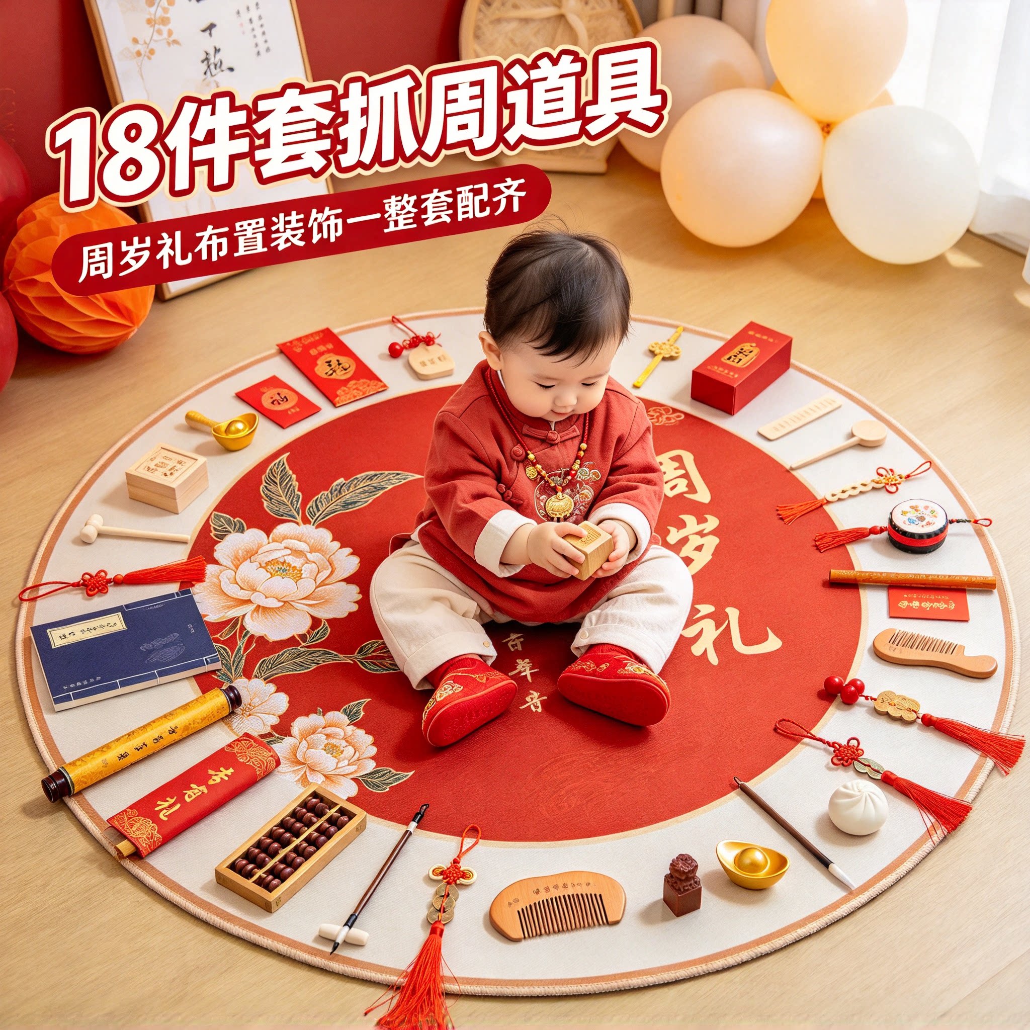 婴儿抓周用品套装男女孩18件套2026新款送封酒贴周岁礼布置装饰