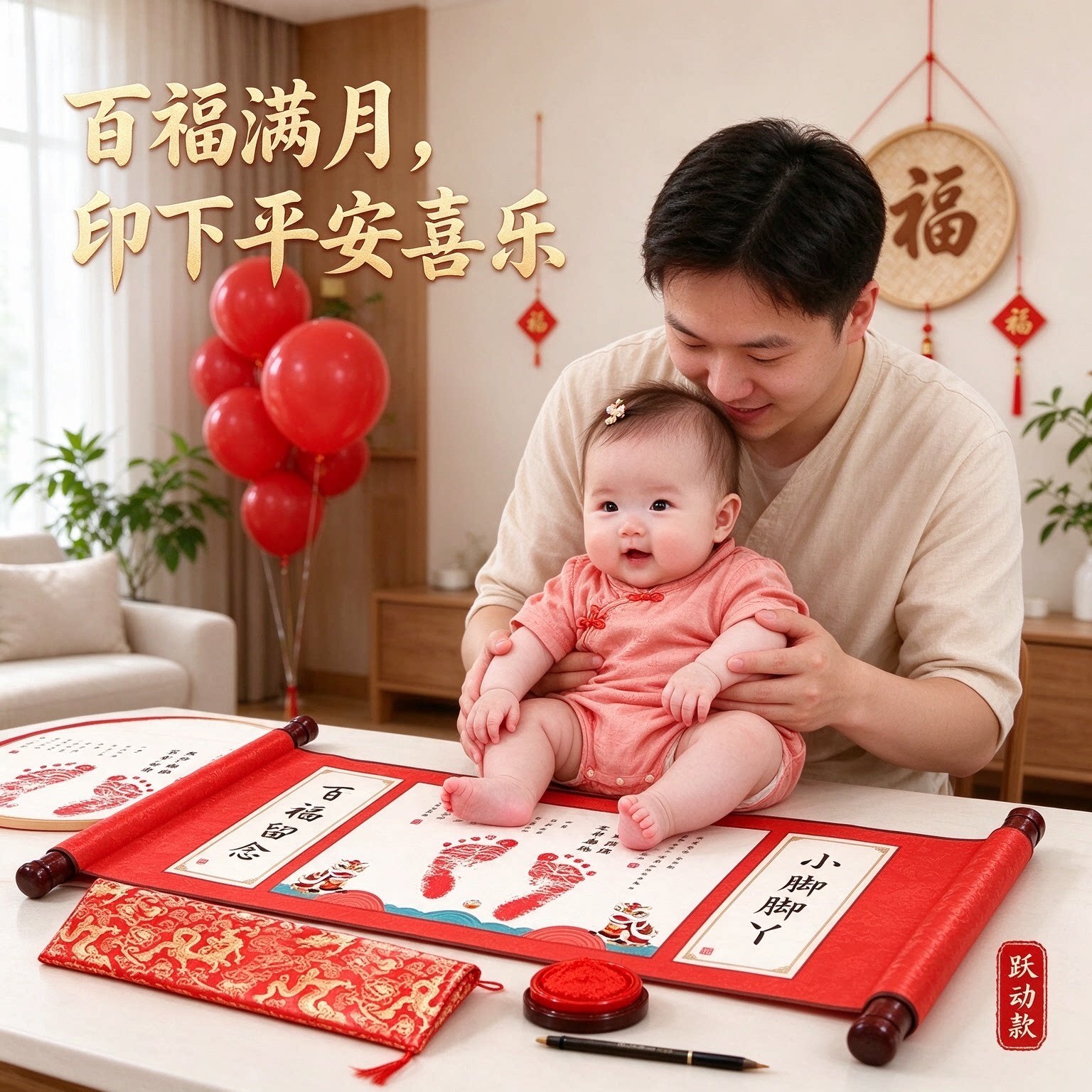 宝宝满月百福手印脚印纪念品长卷轴小脚丫满月酒纪念字画平安喜乐