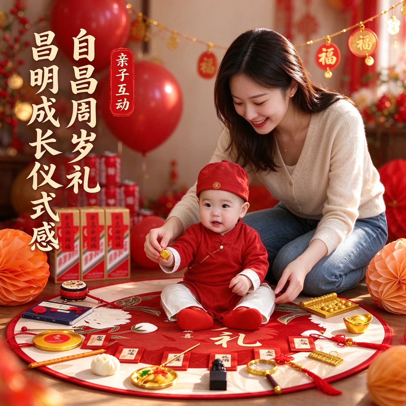 抓周道具套装幼童28件套家庭版送封酒贴周岁礼布置装饰用品大全