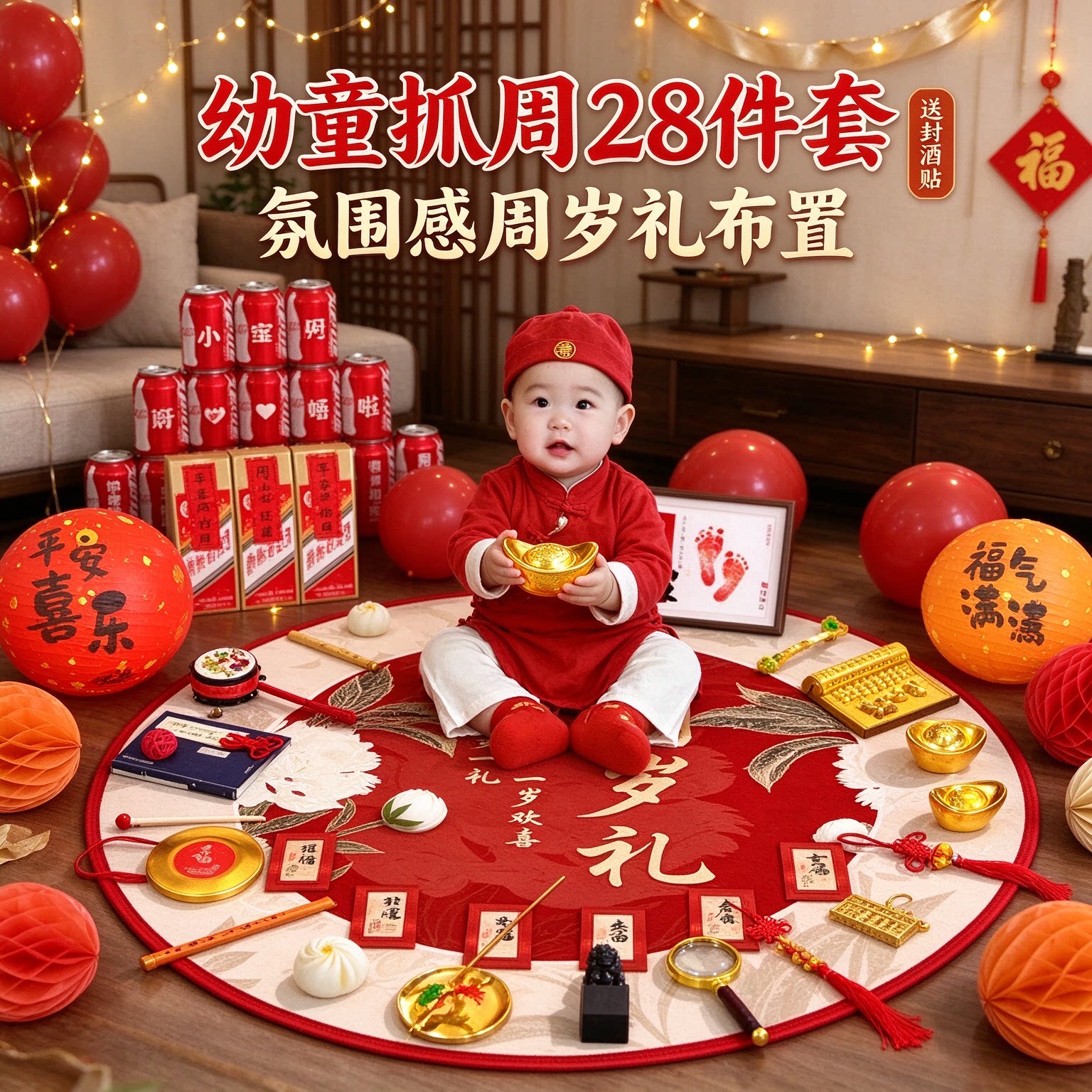 抓周道具套装幼童28件套氛围感送封酒贴周岁礼布置装饰用品大全