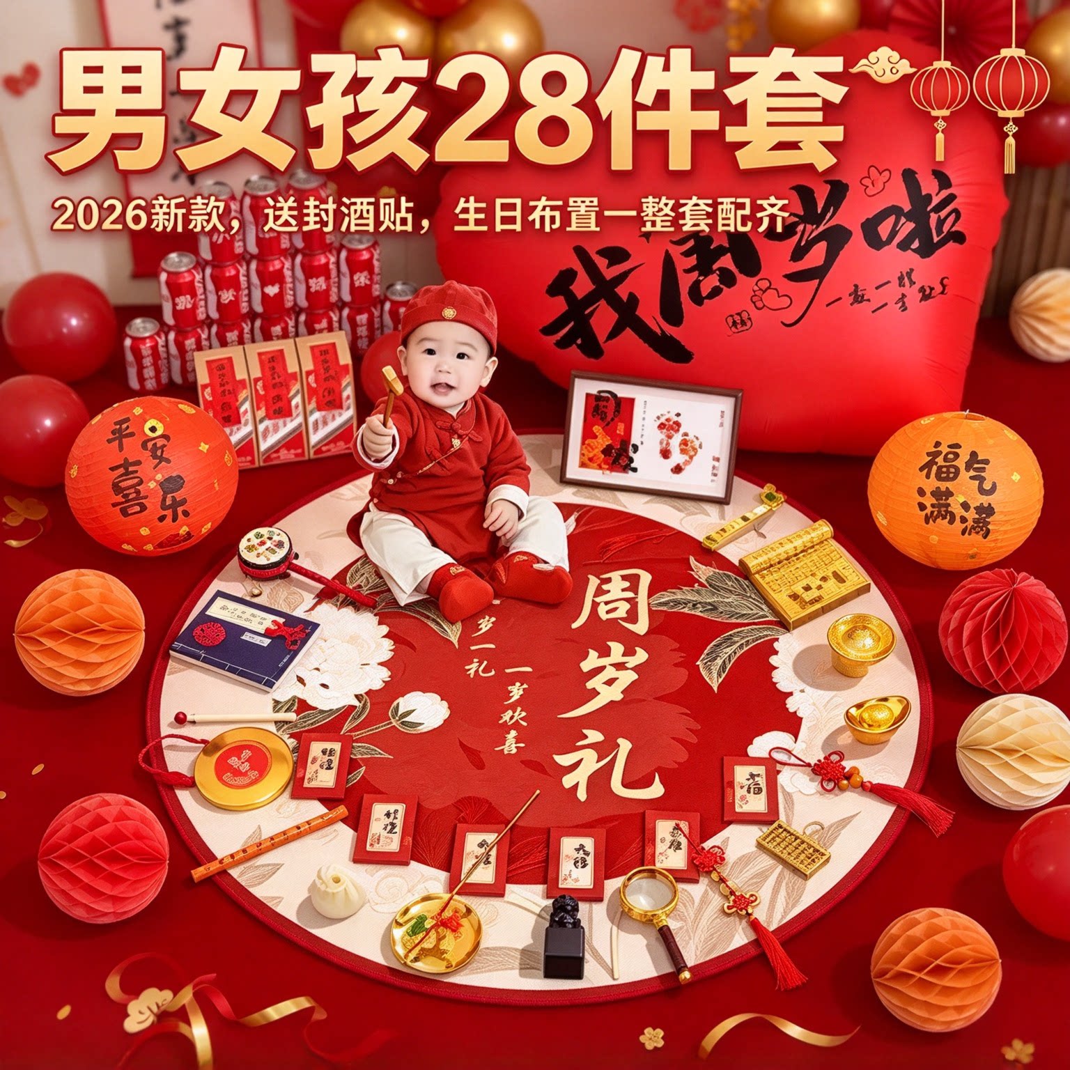 婴儿抓周用品套装男女孩28件套2026新款送封酒贴生日布置一整套
