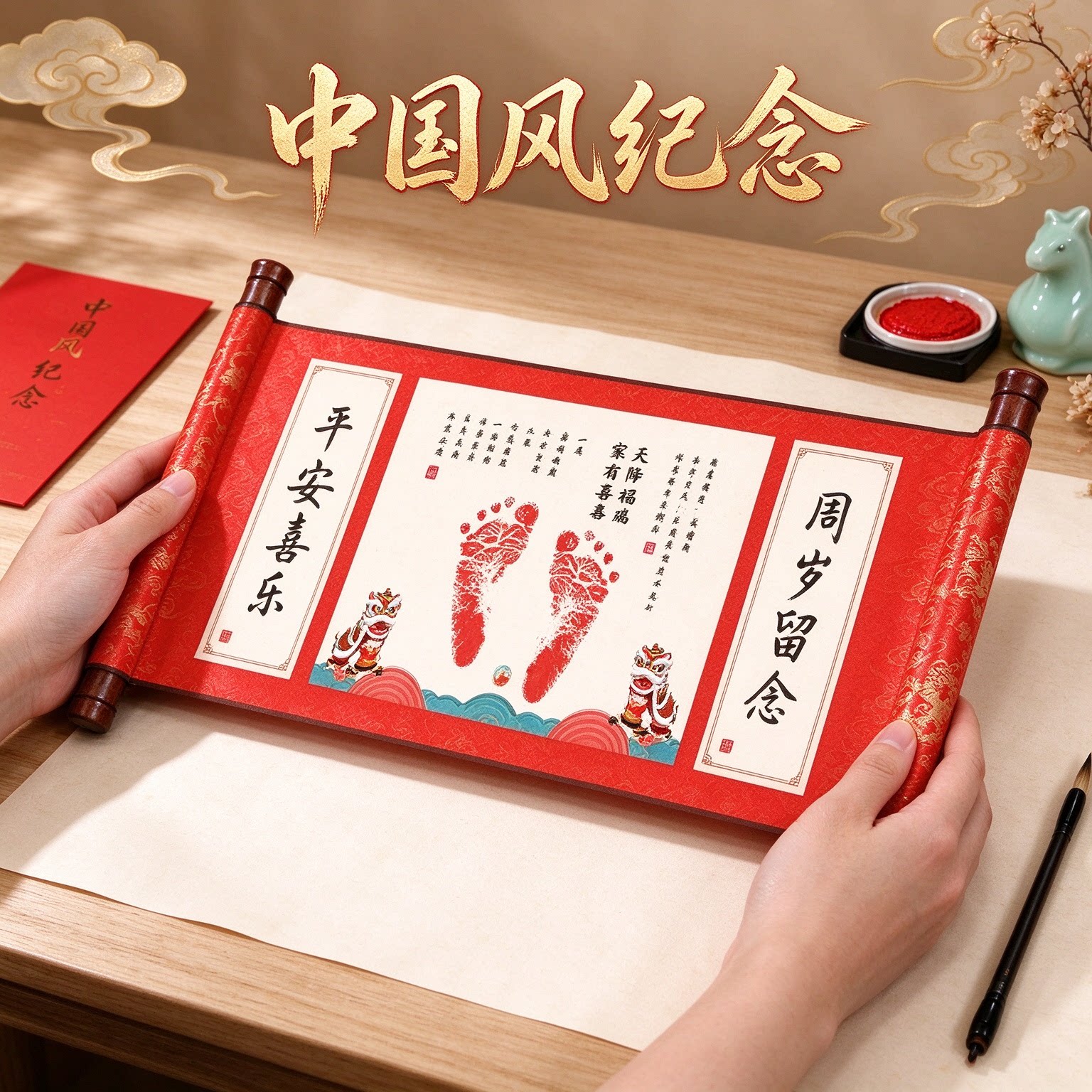 小孩中国风新生婴儿手足印宝宝纪念礼物弥月之喜萌趣可爱年年如意