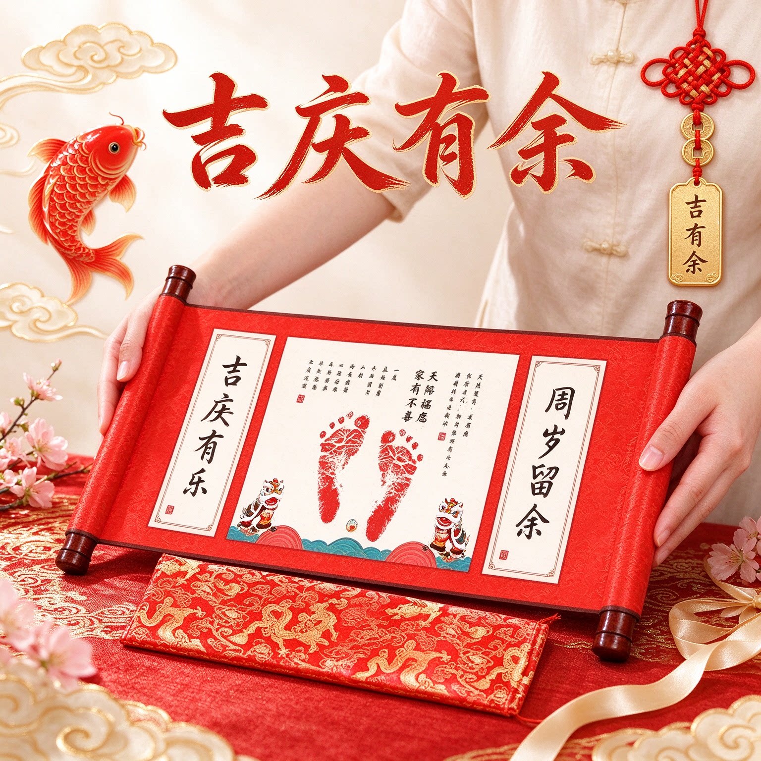 国风小脚丫足印纪念宝宝纪念礼物吉庆有余温馨留念团团圆圆伴成长