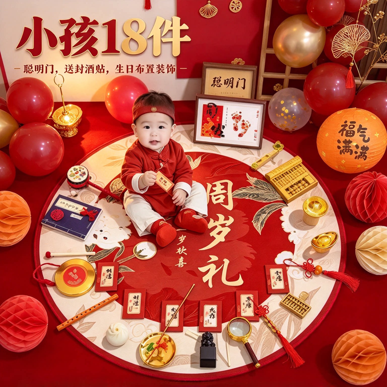 周岁礼抓周道具全套小孩18件聪明门送封酒贴生日布置装饰用品大全
