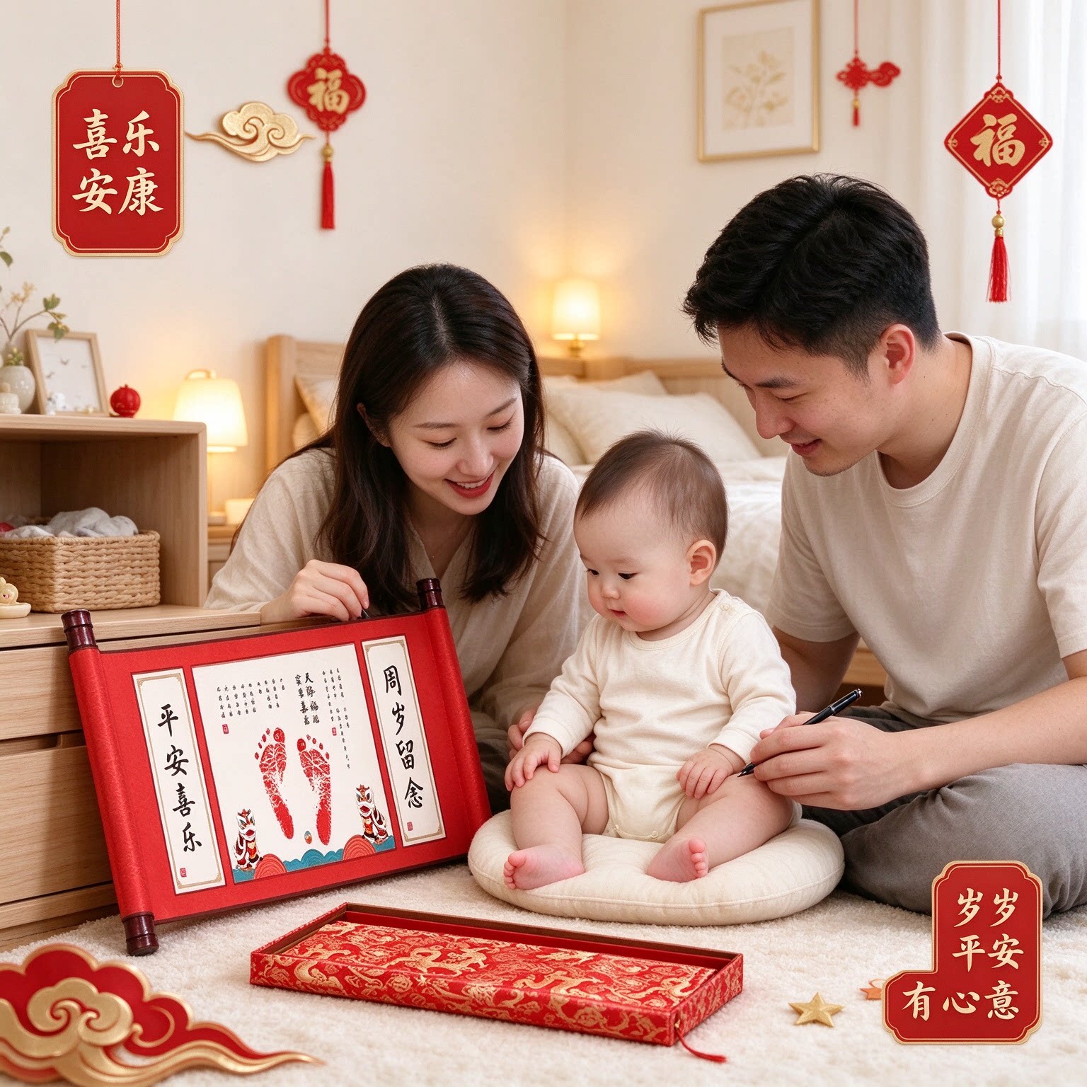 套装宝宝满月礼物手印画成长纪念亲笔题写喜乐安康岁岁平安有心意