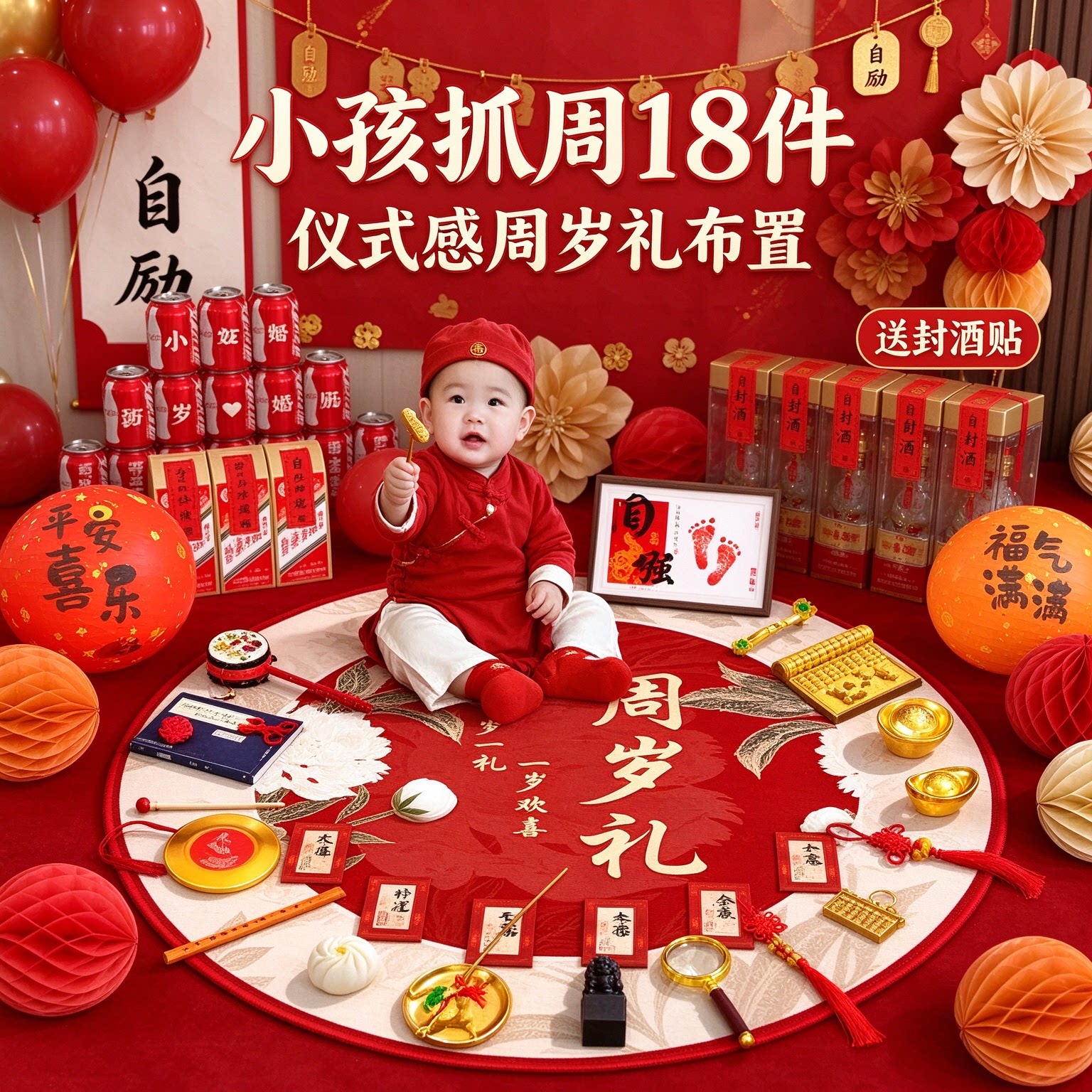 婴儿抓周道具小孩18件套仪式感送封酒贴周岁礼布置装饰用品大全
