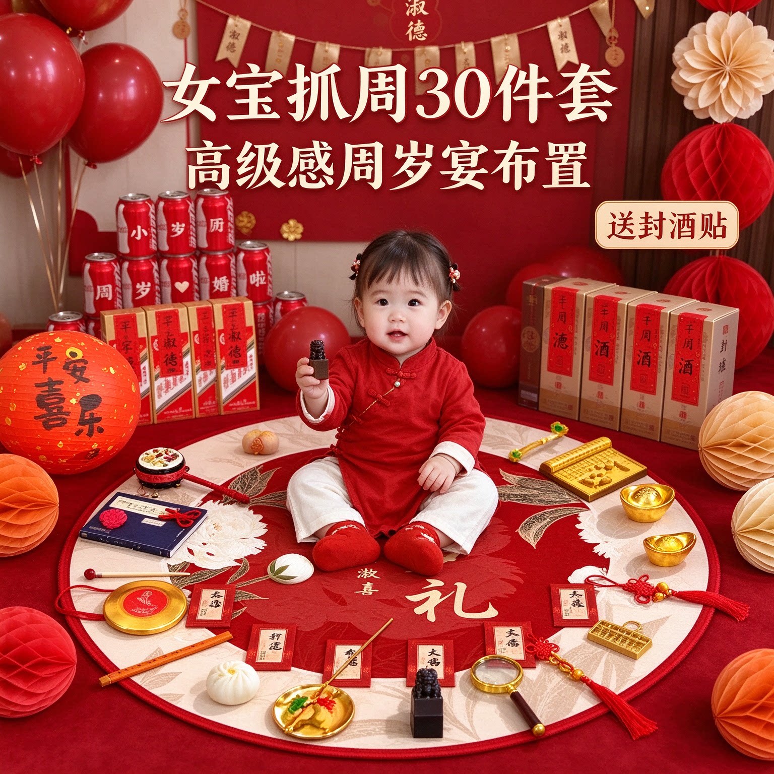 婴儿抓周道具女宝30件套高级感送封酒贴周岁宴布置装饰用品大全