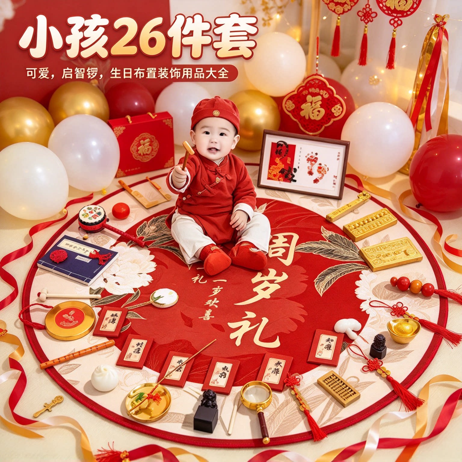 周岁礼抓周道具全套小孩26件套可爱启智锣生日布置装饰用品大全