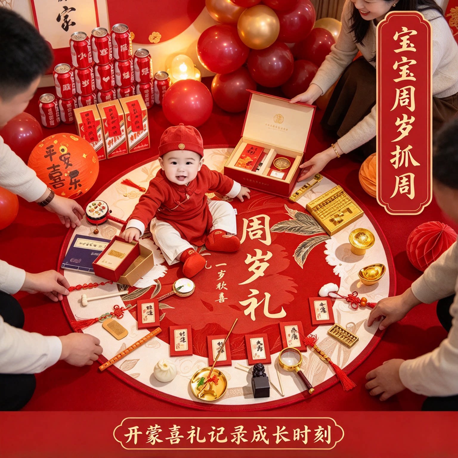 抓周道具摆件一周岁男女孩18件套高级感礼盒生日布置装饰用品大全
