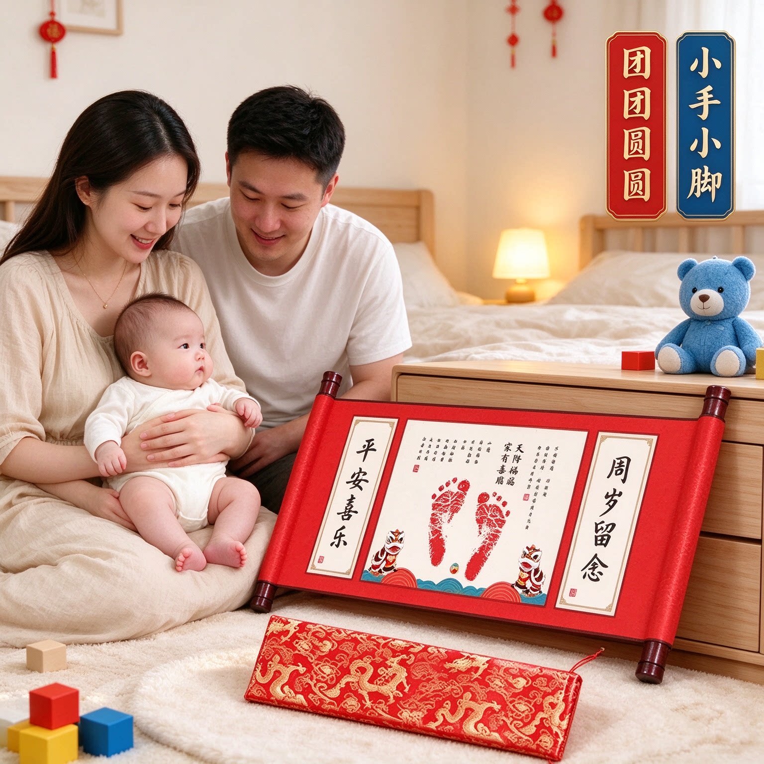 男宝满月礼物套装脚印手印纪念品成长纪念团团圆圆小手小脚好兆头