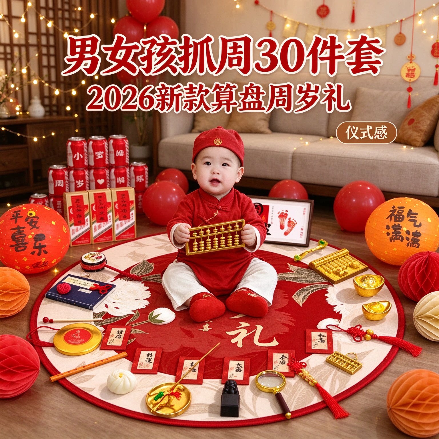 婴儿抓周道具男女孩30件套2026新款算盘一周岁生日布置仪式用品