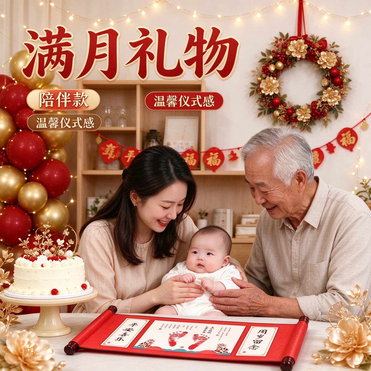 知足常乐宝宝满月礼物脚印手印纪念品弥月之喜团团圆圆亲笔题写