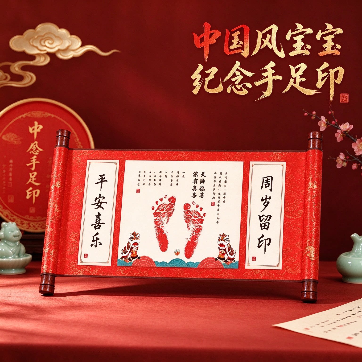 中国风宝宝纪念手足印小脚丫满月成长纪念礼物喜气洋洋吉祥如意