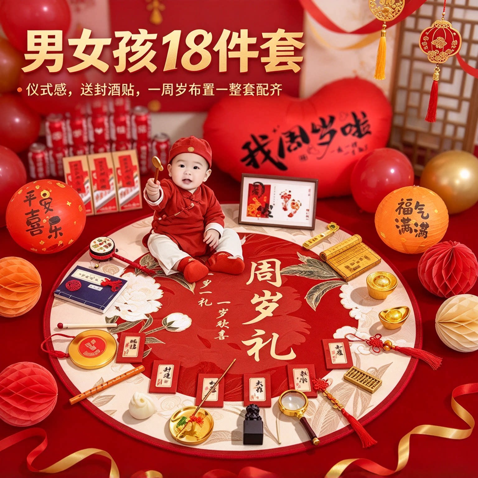婴儿抓周用品套装男女孩18件套仪式感送封酒贴一周岁布置一整套