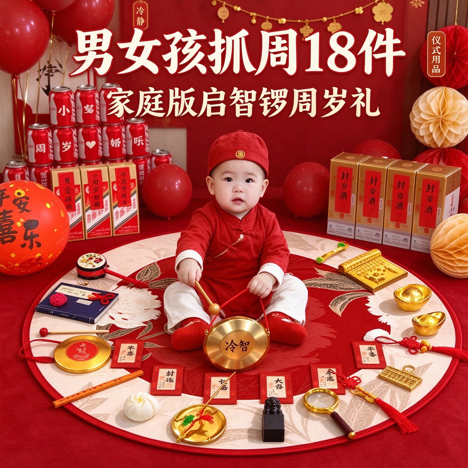 抓周道具套装男女孩18件套家庭版启智锣一周岁生日布置仪式用品