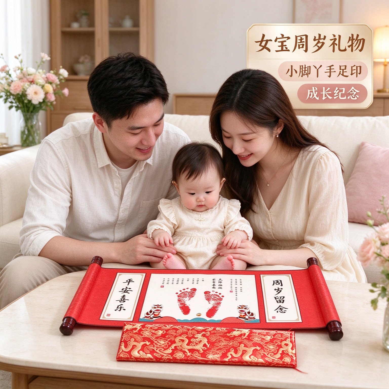 卷轴画女宝周岁礼物小脚丫宝宝手足印成长纪念心心念念喜气盈门