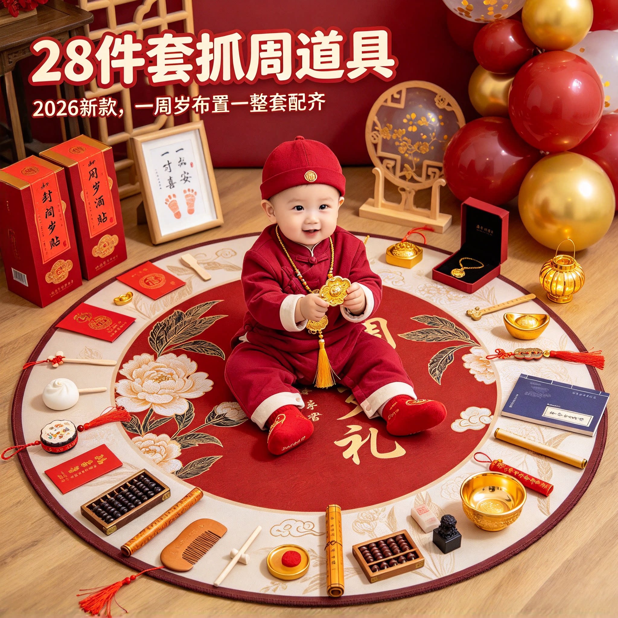 婴儿抓周用品全套男宝28件套2026新款送封酒贴一周岁布置一整套