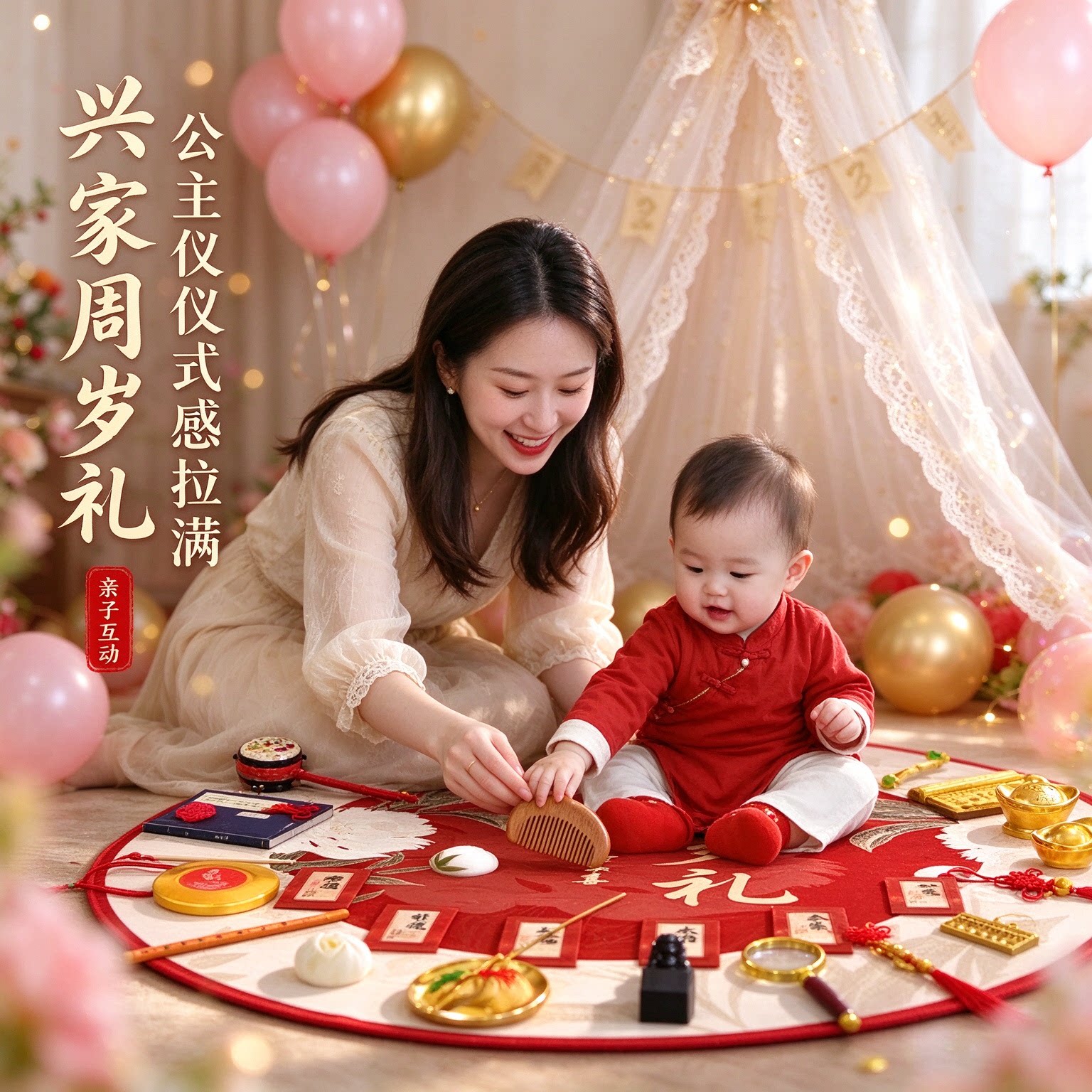 抓周道具套装小孩26件套公主风送封酒贴周岁宴布置装饰用品大全