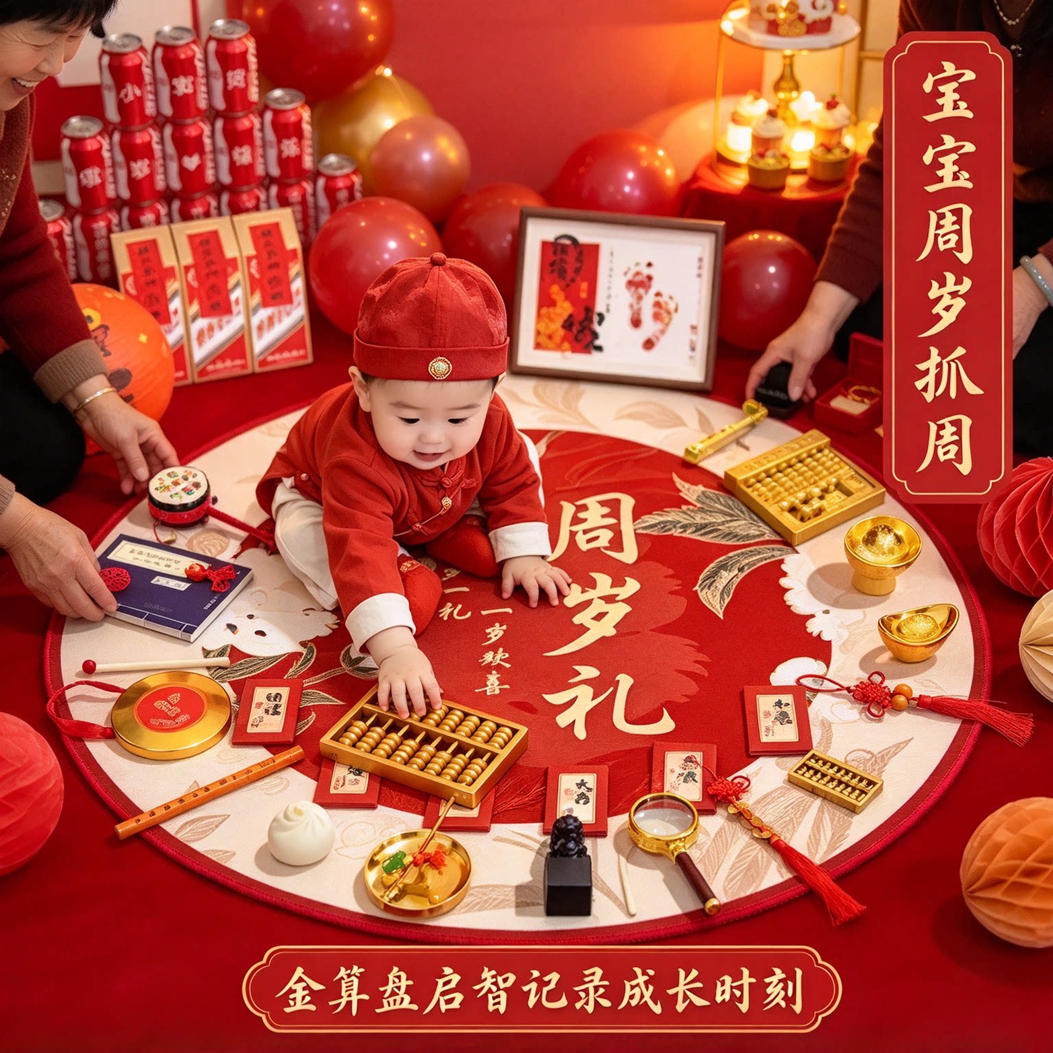 一周岁抓周用品道具套装幼童30件套高级感金算盘生日布置一整套