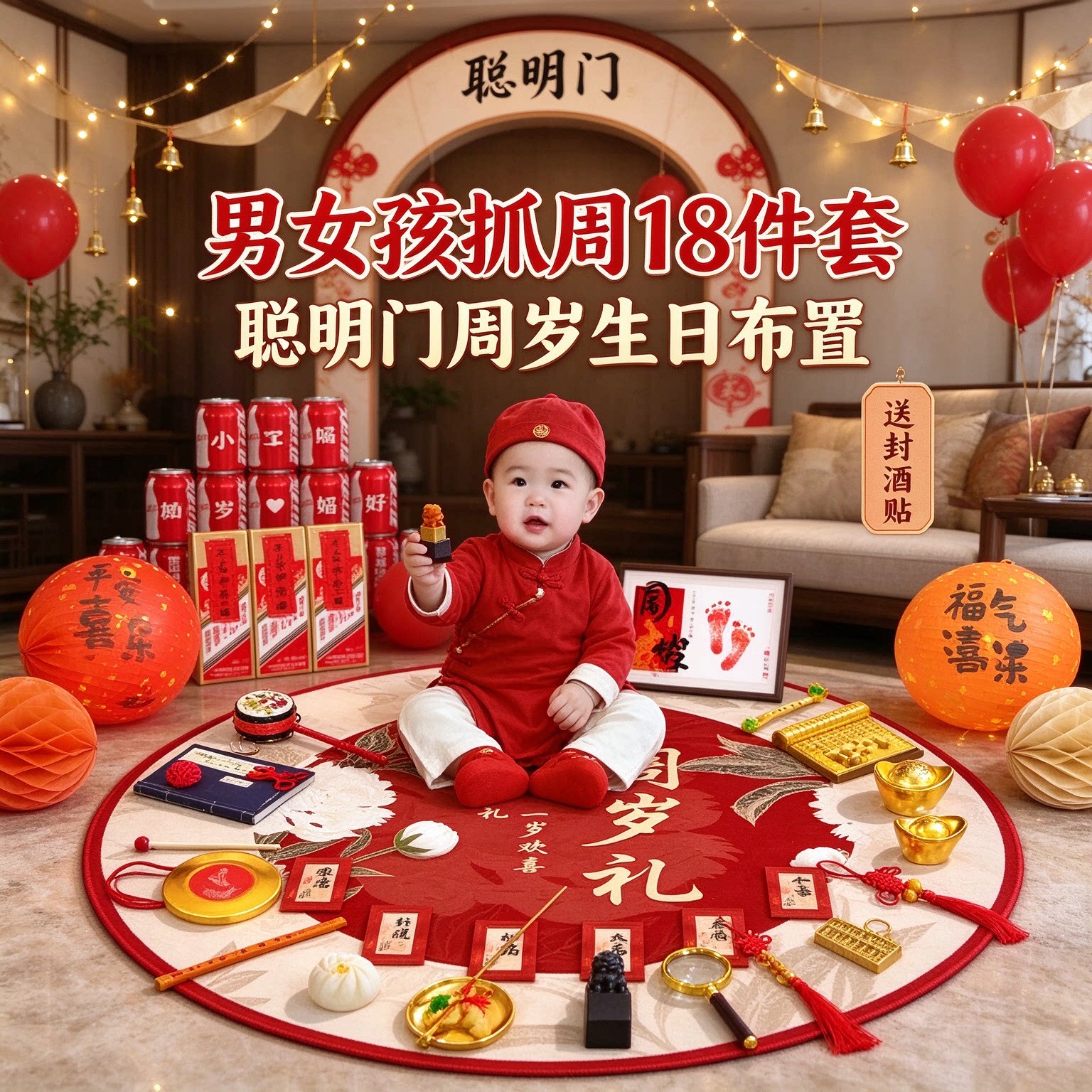 婴儿抓周道具男女孩18件套聪明门送封酒贴周岁生日布置装饰用品