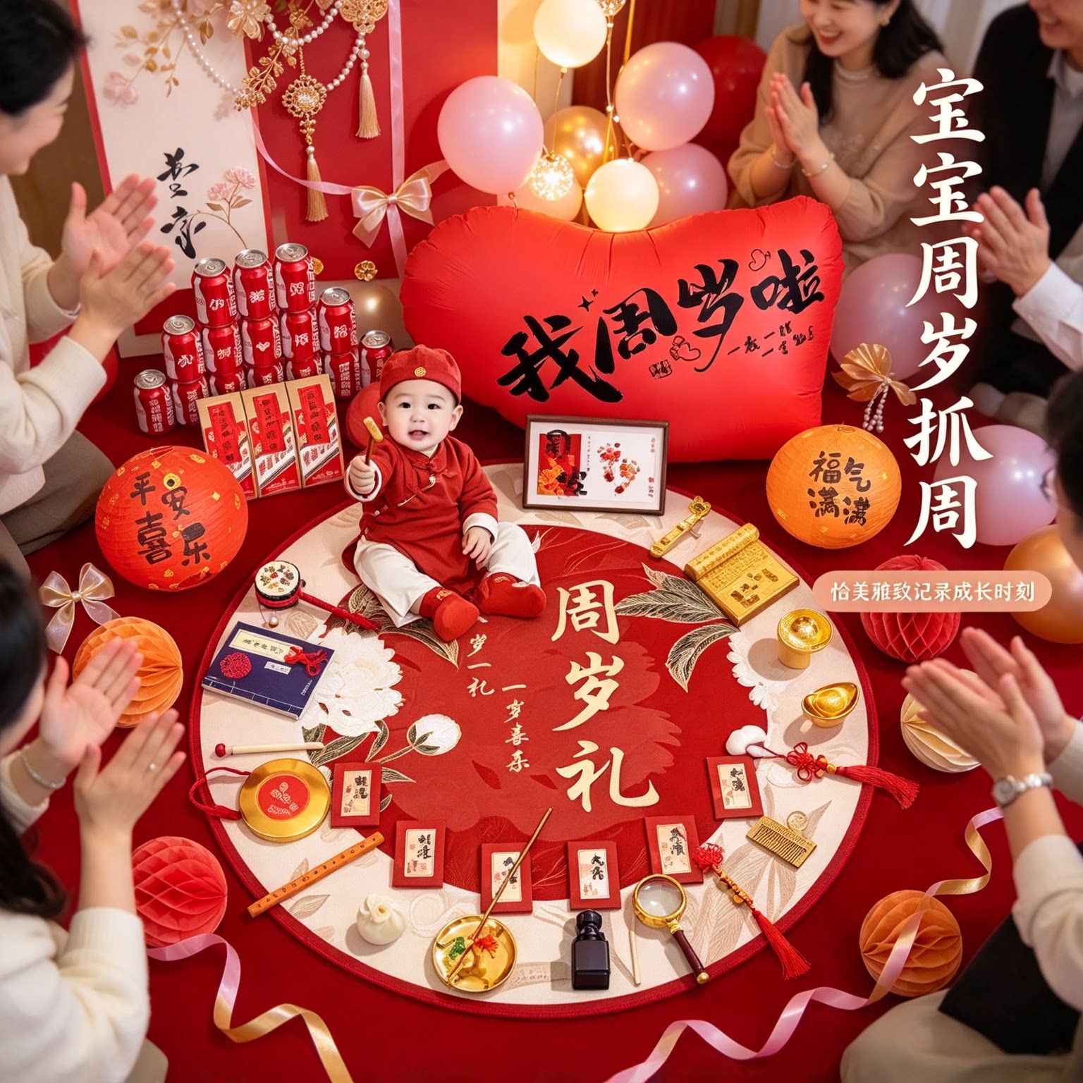抓周用品一周岁道具男女孩30件套氛围感送封酒贴生日布置一整套