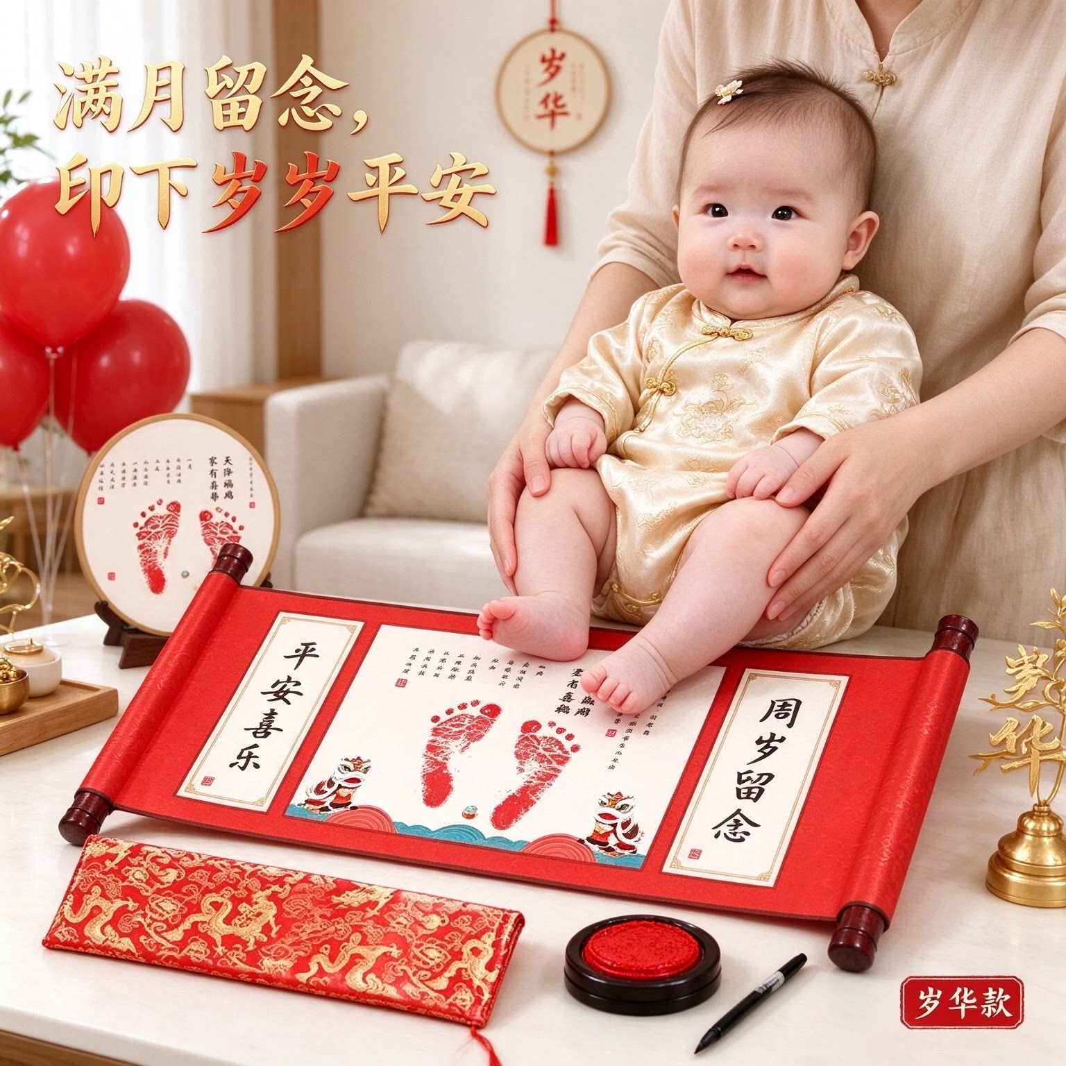 宝宝满月小脚丫宝宝手足印岁岁平安亲手按印满月酒卷轴挂画留念款